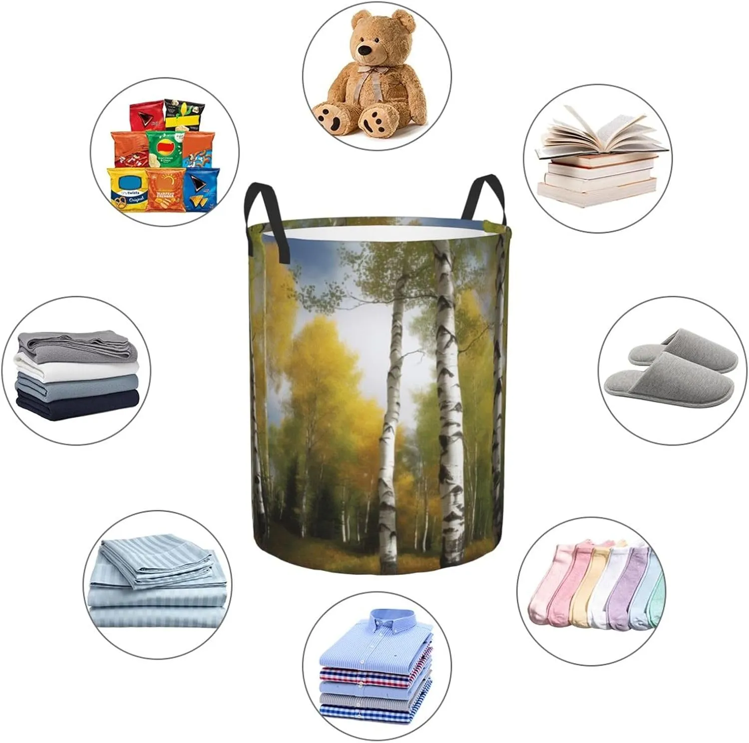Laundry Hamper Waterproof Laundry Basket Storage Clothes Bag Birch Trees Circular Hamper with Handles Dirty Clothes Hamper Portable Storage Bin Organizer for Bedroom Bathroom Dorm Medium