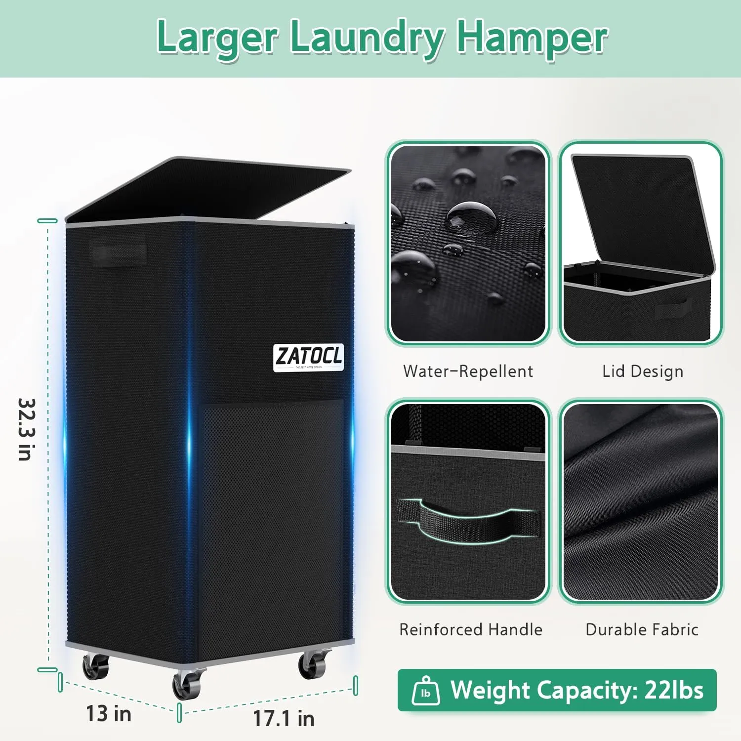 Laundry Hamper with Lid and Wheels, 110L Rolling Laundry Basket with Washing Bag & Front Mesh Bag, Collapsible Dirty Clothes Hampers for Bedroom Aesthetic, Bathroom, Dorm, Laundry Room - Easy Carry