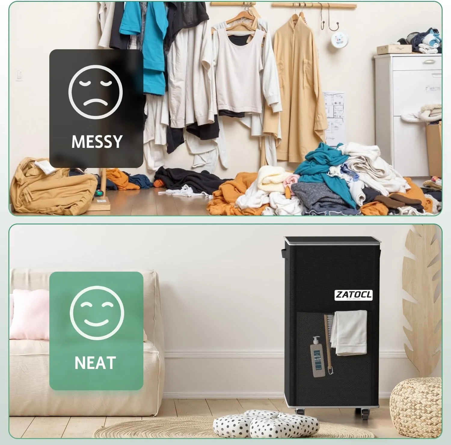 Laundry Hamper with Lid and Wheels, 110L Rolling Laundry Basket with Washing Bag & Front Mesh Bag, Collapsible Dirty Clothes Hampers for Bedroom Aesthetic, Bathroom, Dorm, Laundry Room - Easy Carry