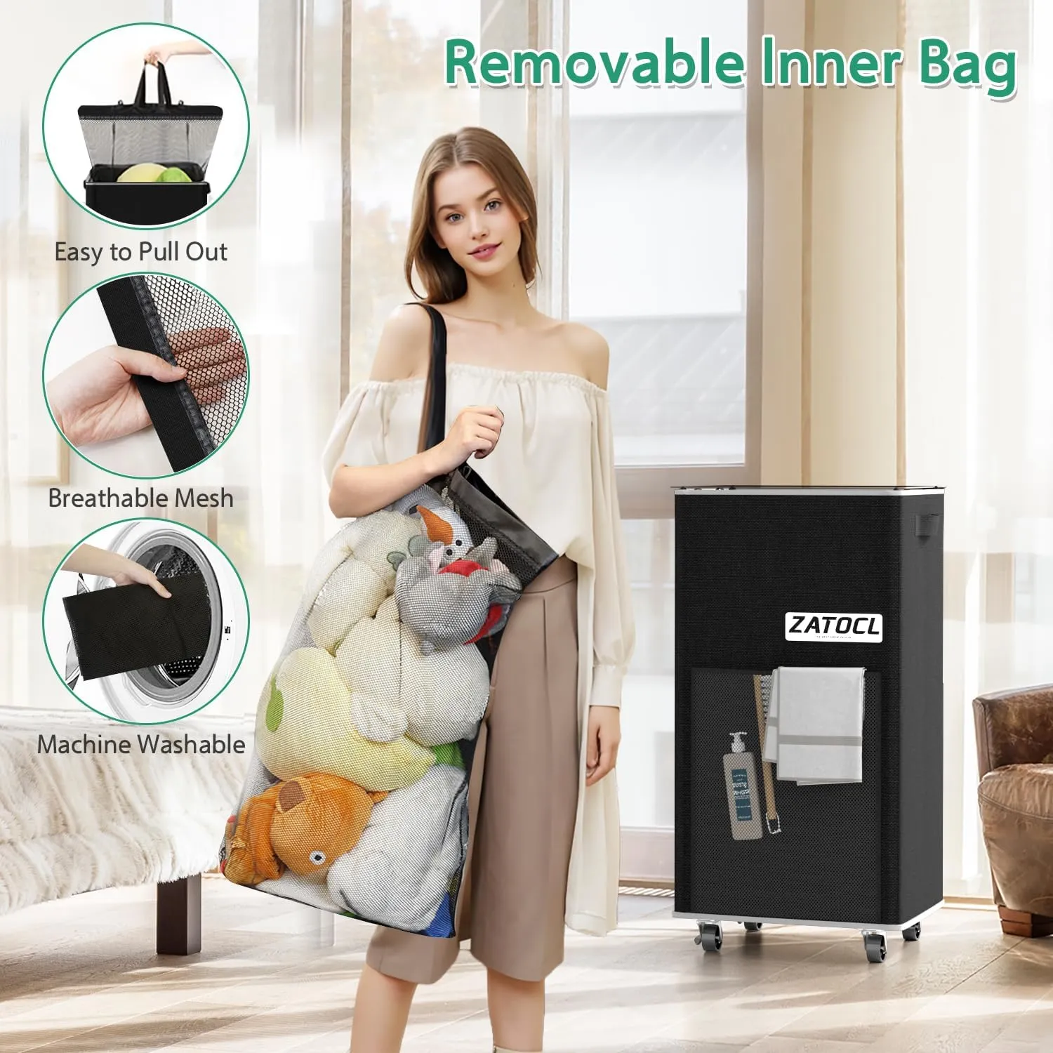 Laundry Hamper with Lid and Wheels, 110L Rolling Laundry Basket with Washing Bag & Front Mesh Bag, Collapsible Dirty Clothes Hampers for Bedroom Aesthetic, Bathroom, Dorm, Laundry Room - Easy Carry