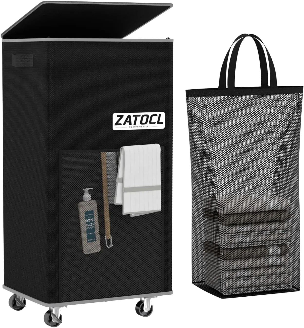 Laundry Hamper with Lid and Wheels, 110L Rolling Laundry Basket with Washing Bag & Front Mesh Bag, Collapsible Dirty Clothes Hampers for Bedroom Aesthetic, Bathroom, Dorm, Laundry Room - Easy Carry