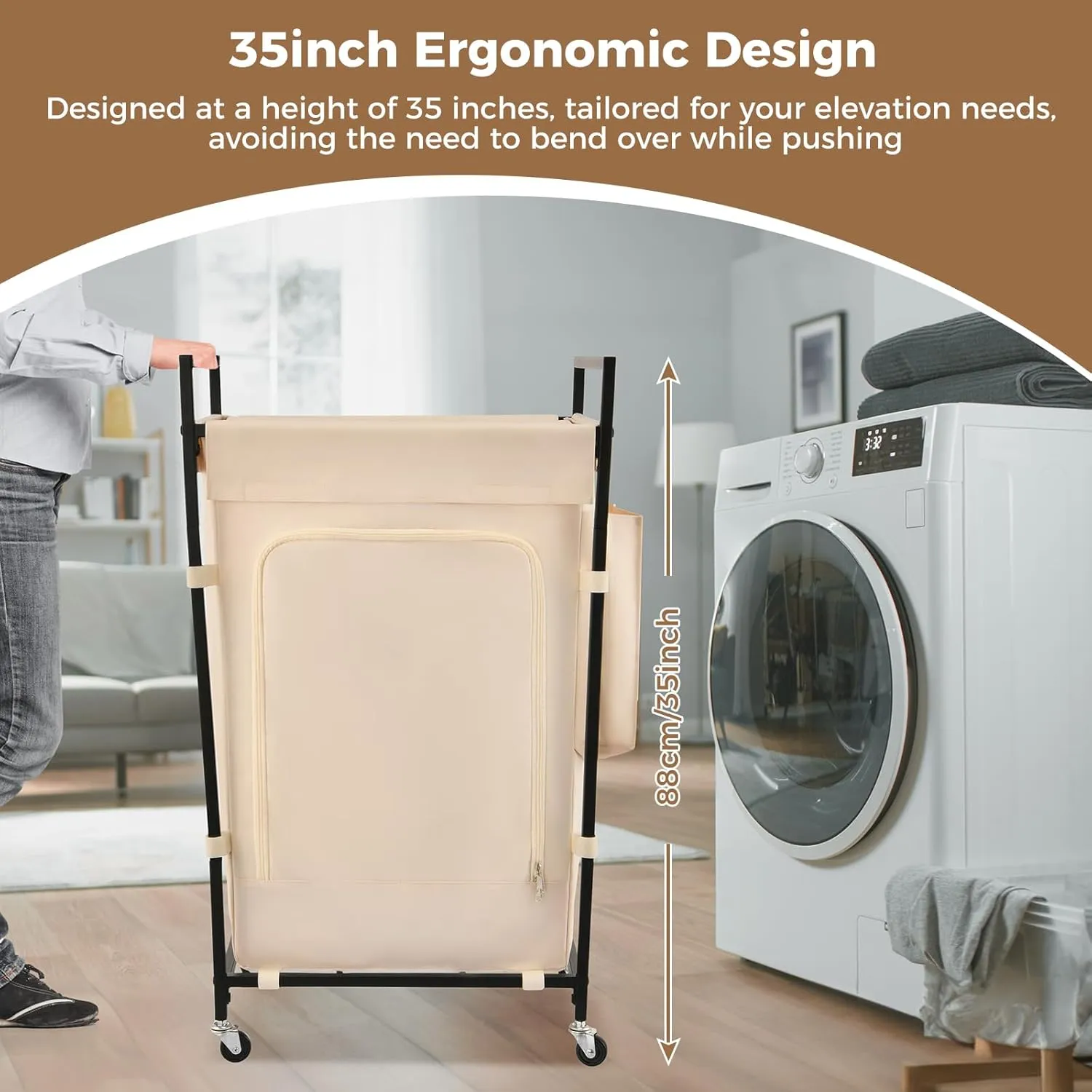Laundry Hamper with Universal Wheels, Uclet 165L Rolling Laundry Basket with Lid and Inner Bag, Large Clothes Hamper 35 Inch Height Tall Hamper for Laundry Room, Bedroom, Bathroom, Dorm, Beige