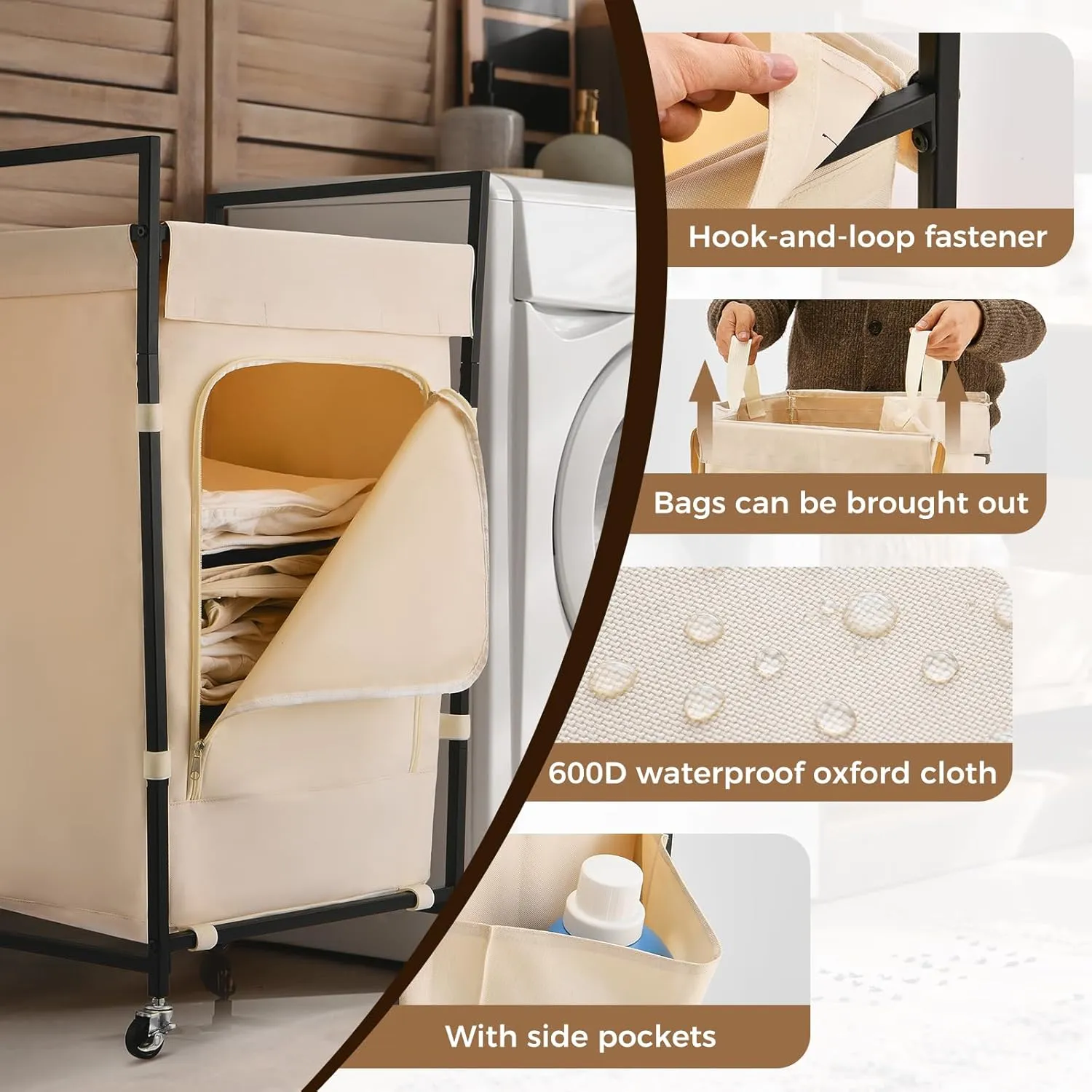 Laundry Hamper with Universal Wheels, Uclet 165L Rolling Laundry Basket with Lid and Inner Bag, Large Clothes Hamper 35 Inch Height Tall Hamper for Laundry Room, Bedroom, Bathroom, Dorm, Beige