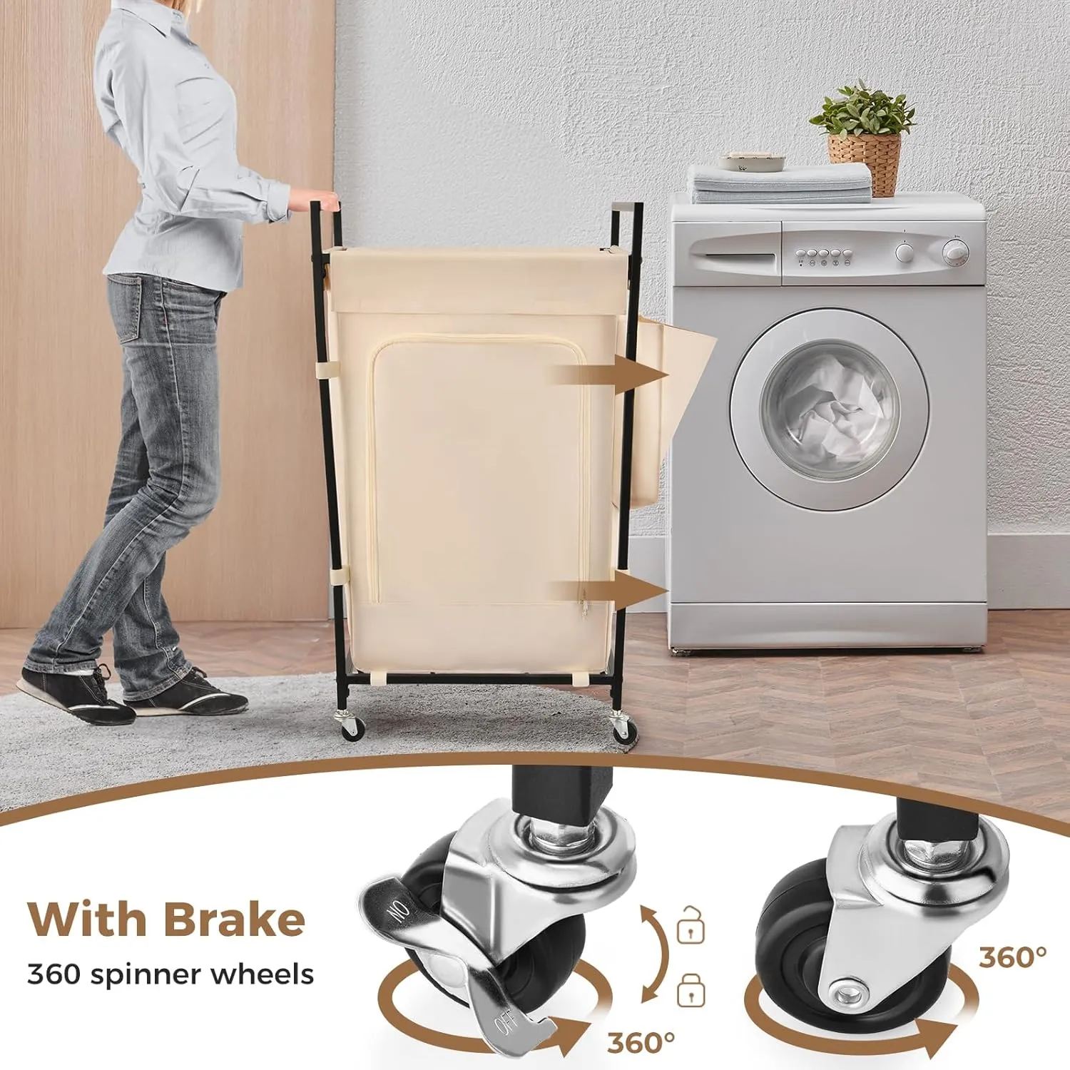 Laundry Hamper with Universal Wheels, Uclet 165L Rolling Laundry Basket with Lid and Inner Bag, Large Clothes Hamper 35 Inch Height Tall Hamper for Laundry Room, Bedroom, Bathroom, Dorm, Beige