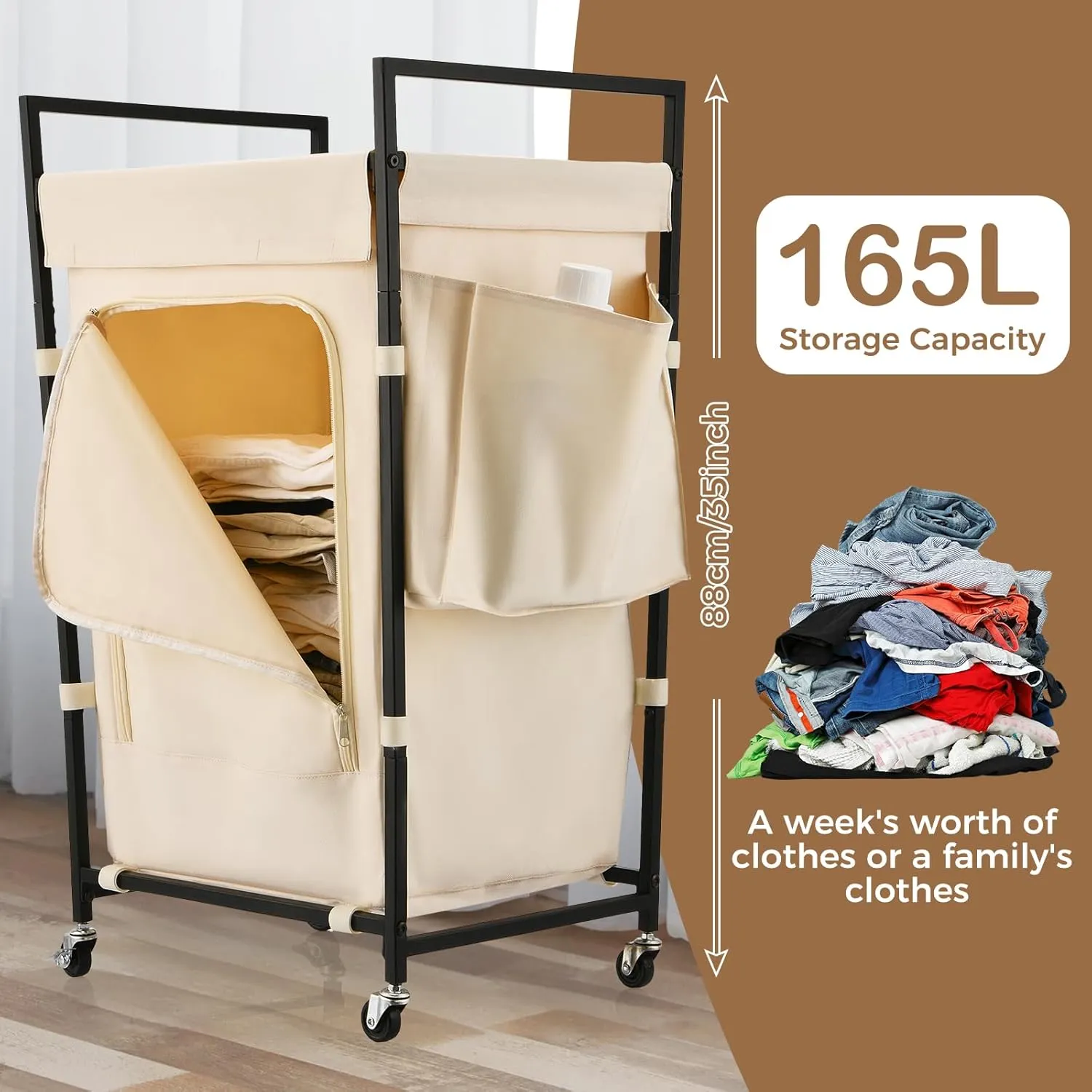 Laundry Hamper with Universal Wheels, Uclet 165L Rolling Laundry Basket with Lid and Inner Bag, Large Clothes Hamper 35 Inch Height Tall Hamper for Laundry Room, Bedroom, Bathroom, Dorm, Beige