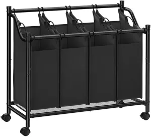 Laundry Hamper with Wheels, Dirty Clothes Hamper with Removable Liner Bags, 4 Section Heavy Duty Laundry Sorter, Collapsible Laundry Organizer for Bedroom, Dorm(Black)