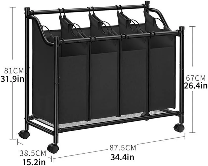 Laundry Hamper with Wheels, Dirty Clothes Hamper with Removable Liner Bags, 4 Section Heavy Duty Laundry Sorter, Collapsible Laundry Organizer for Bedroom, Dorm(Black)