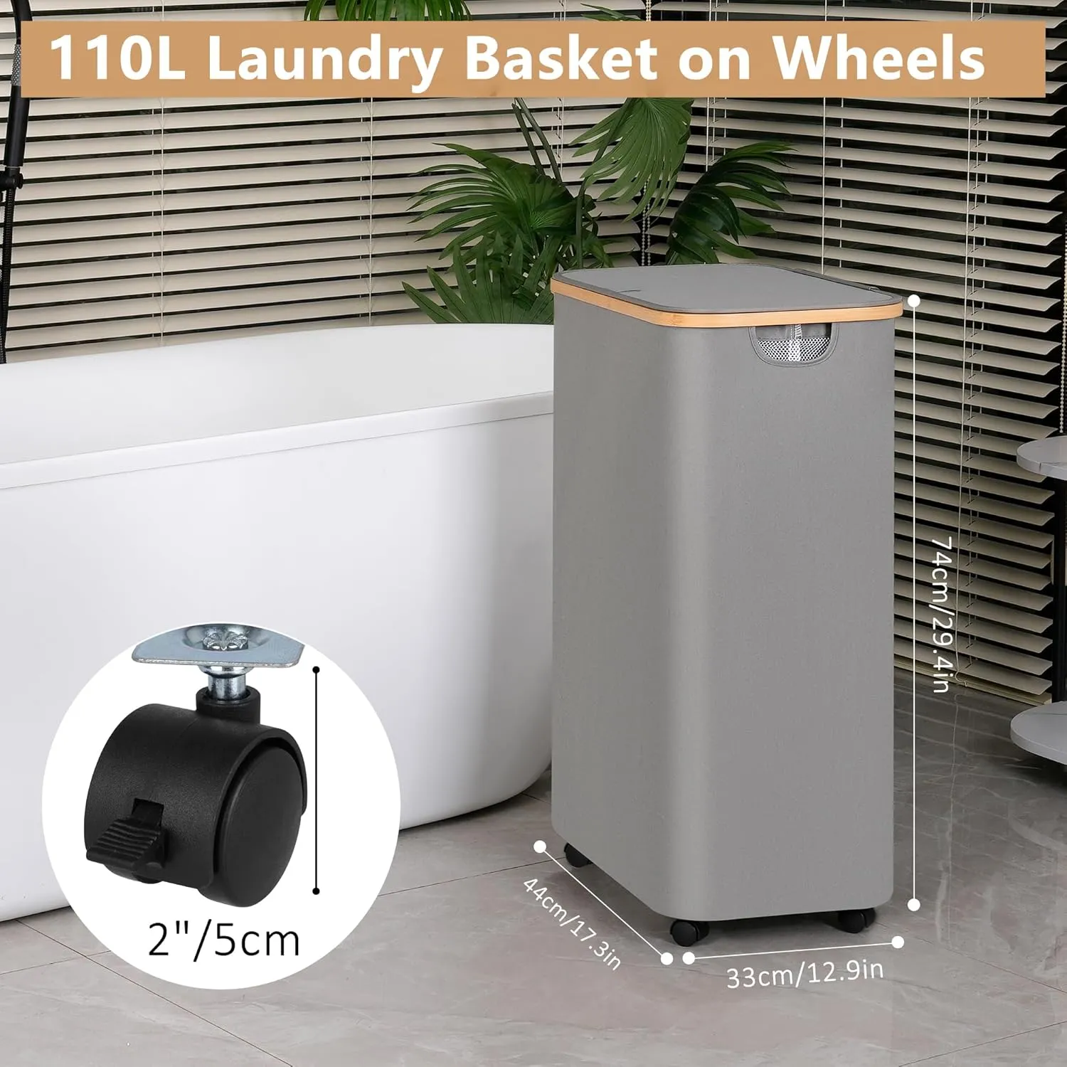 Laundry Hamper with Wheels, Laundry Basket with Lid and Liner Bag, 110L Clothes Hamper for Laundry, for Laundry Room, Bedroom, Dormitory Storage.Grey