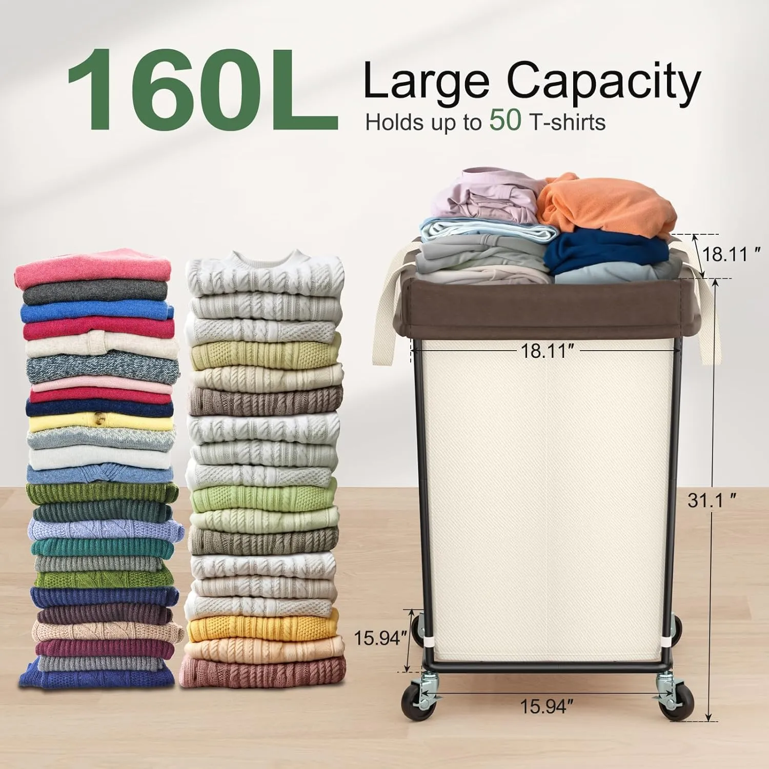 Laundry Hamper with Wheels, Laundry Basket with Wheels Laundry Sorter Cart, Narrow Slim Clothes Hamper Organizer with Sturdy Metal Frame (Beige-2 Section-2PK, Large)