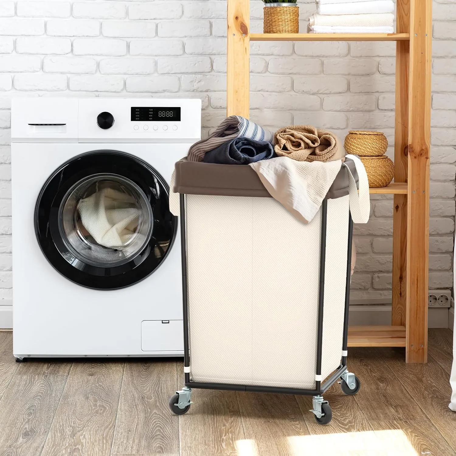 Laundry Hamper with Wheels, Laundry Basket with Wheels Laundry Sorter Cart, Narrow Slim Clothes Hamper Organizer with Sturdy Metal Frame (Beige-2 Section-2PK, Large)