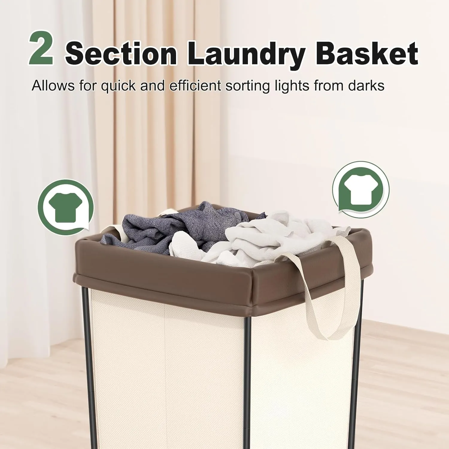 Laundry Hamper with Wheels, Laundry Basket with Wheels Laundry Sorter Cart, Narrow Slim Clothes Hamper Organizer with Sturdy Metal Frame (Beige-2 Section-2PK, Large)