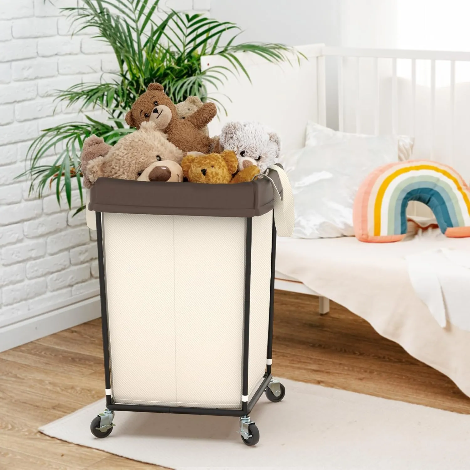 Laundry Hamper with Wheels, Laundry Basket with Wheels Laundry Sorter Cart, Narrow Slim Clothes Hamper Organizer with Sturdy Metal Frame (Beige-2 Section-2PK, Large)