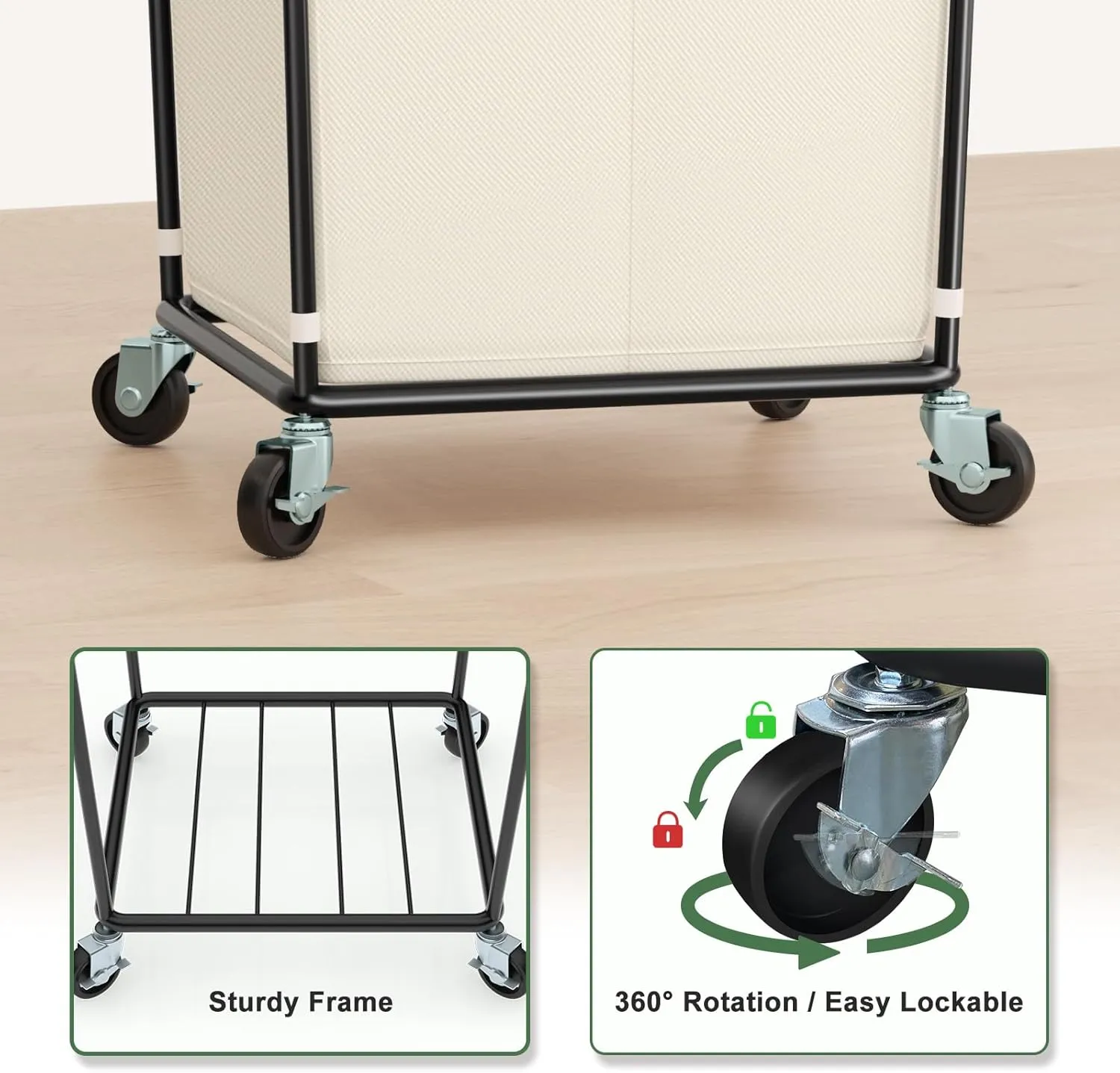 Laundry Hamper with Wheels, Laundry Basket with Wheels Laundry Sorter Cart, Narrow Slim Clothes Hamper Organizer with Sturdy Metal Frame (Beige-2 Section-2PK, Large)