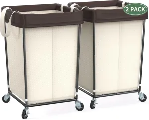 Laundry Hamper with Wheels, Laundry Basket with Wheels Laundry Sorter Cart, Narrow Slim Clothes Hamper Organizer with Sturdy Metal Frame (Beige-2 Section-2PK, Large)