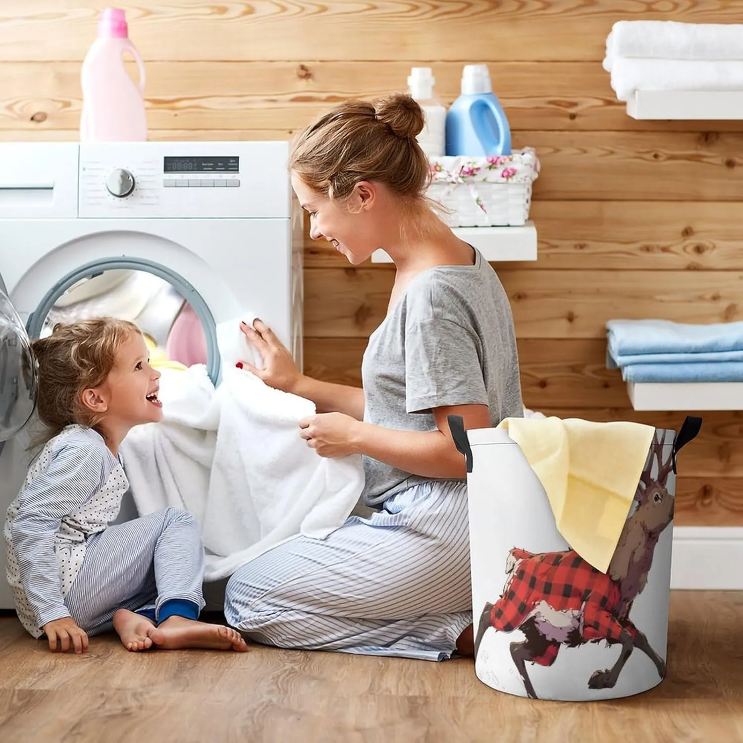 Laundry Hampers, Large Drawstring Laundry Bag, Removable Laundry Bags, Collapsible Storage Bin with Handles for Home Organization, Kids Room, Nursery Deer