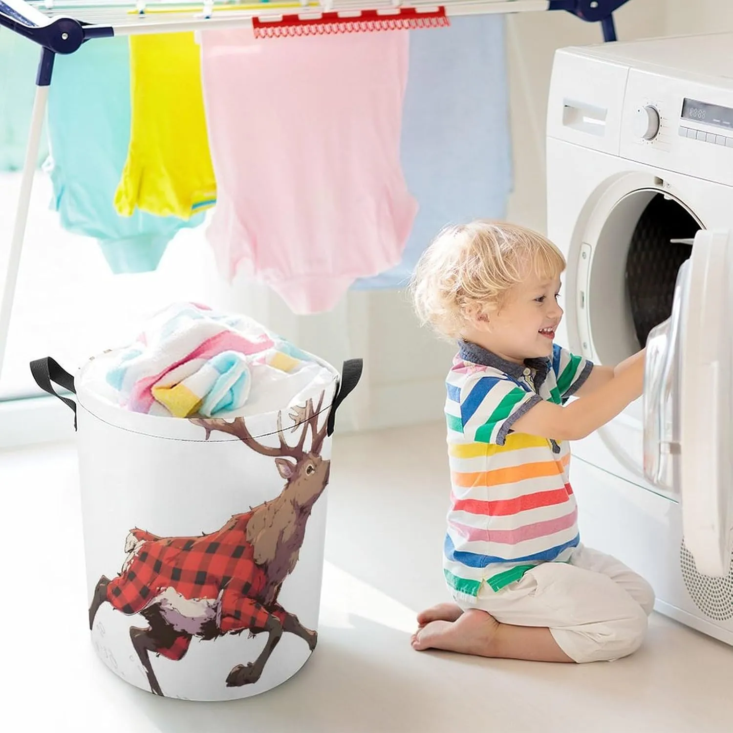 Laundry Hampers, Large Drawstring Laundry Bag, Removable Laundry Bags, Collapsible Storage Bin with Handles for Home Organization, Kids Room, Nursery Deer