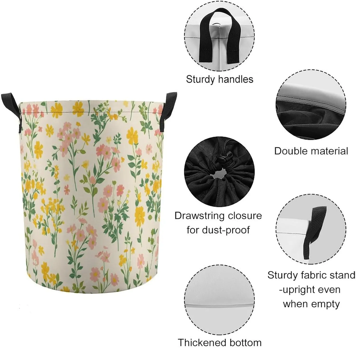 Laundry Hampers, Large Drawstring Laundry Bag, Removable Laundry Bags, Collapsible Storage Bin with Handles for Home Organization, Kids Room, Nursery Flower