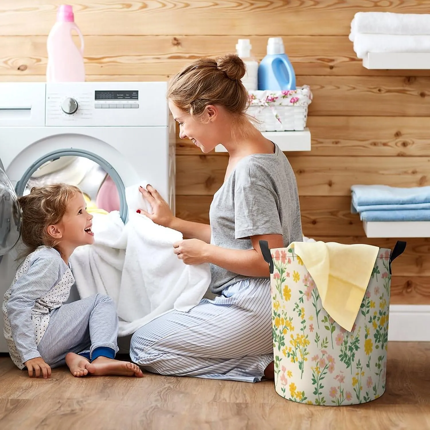 Laundry Hampers, Large Drawstring Laundry Bag, Removable Laundry Bags, Collapsible Storage Bin with Handles for Home Organization, Kids Room, Nursery Flower