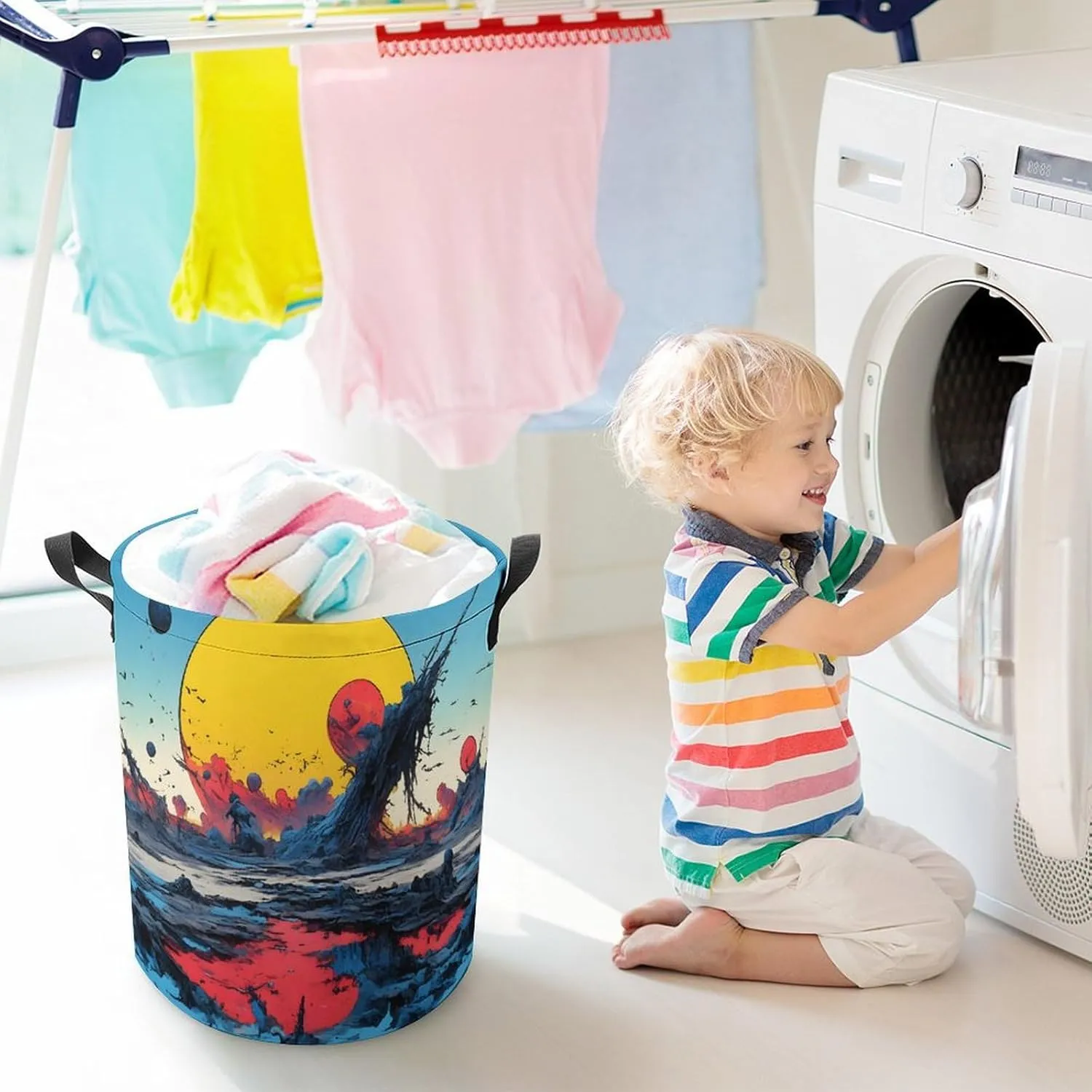 Laundry Hampers, Large Drawstring Laundry Bag, Removable Laundry Bags, Collapsible Storage Bin with Handles for Home Organization, Kids Room, Nursery Painting