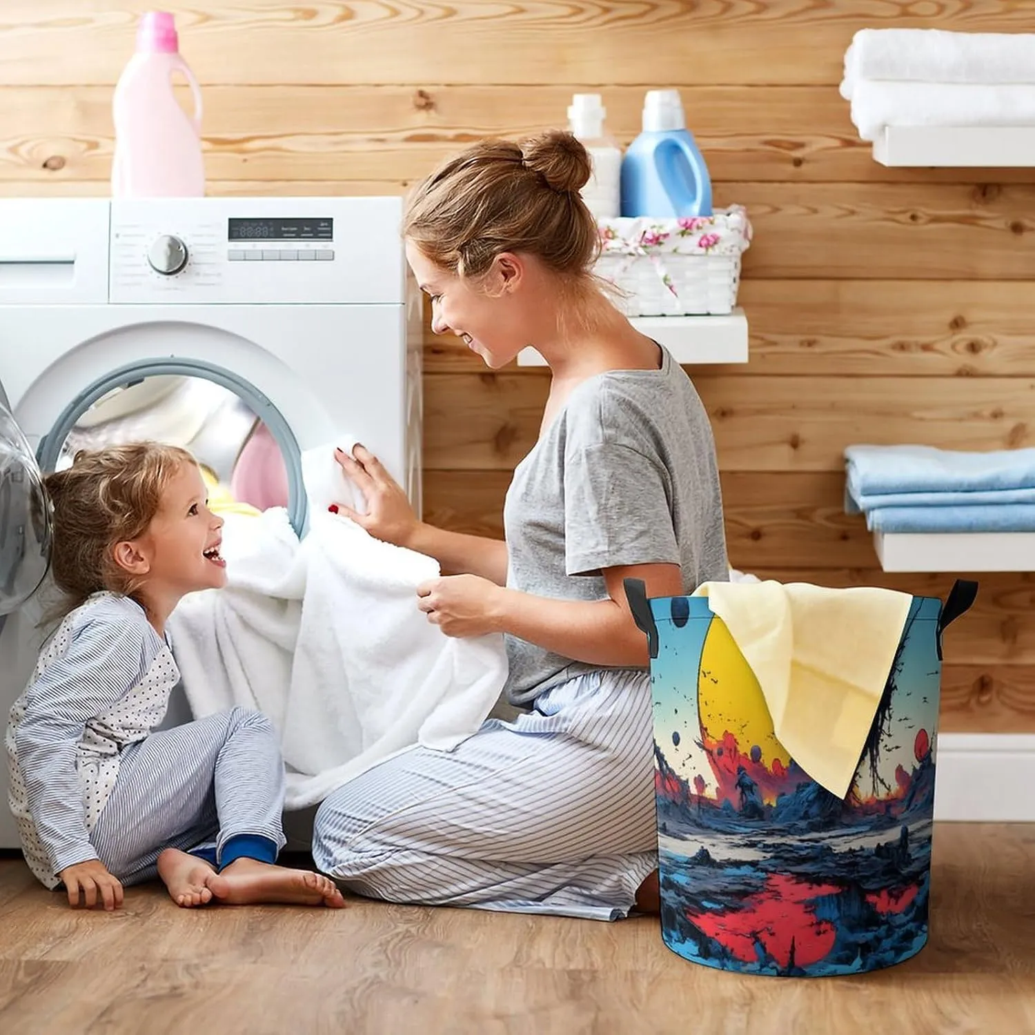 Laundry Hampers, Large Drawstring Laundry Bag, Removable Laundry Bags, Collapsible Storage Bin with Handles for Home Organization, Kids Room, Nursery Painting