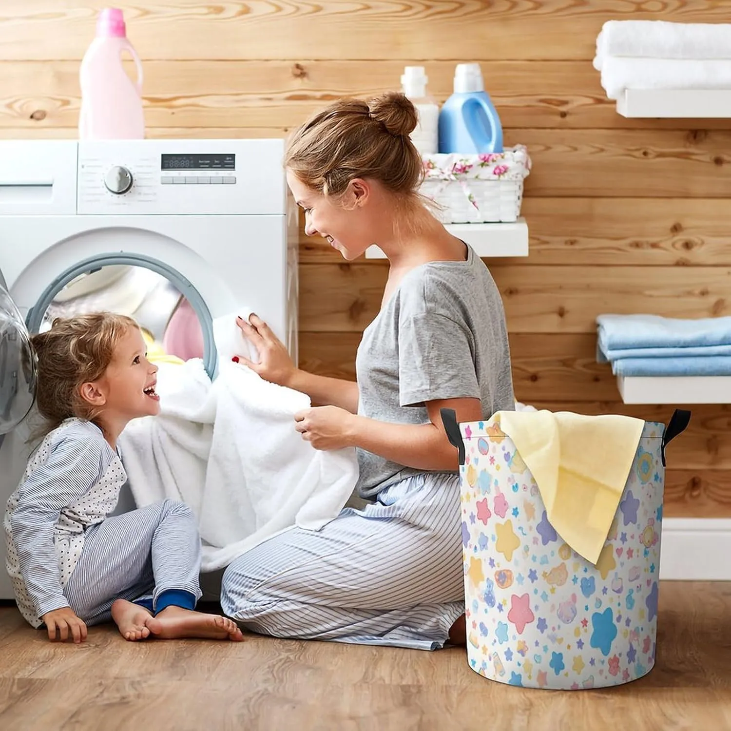 Laundry Hampers, Large Drawstring Laundry Bag, Removable Laundry Bags, Collapsible Storage Bin with Handles for Home Organization, Kids Room, Nursery Pattern
