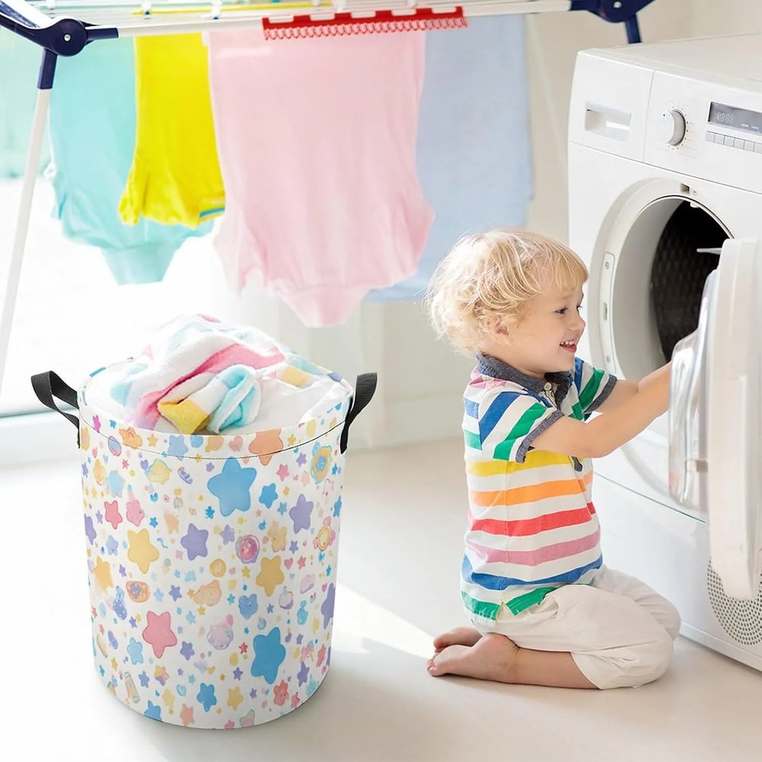 Laundry Hampers, Large Drawstring Laundry Bag, Removable Laundry Bags, Collapsible Storage Bin with Handles for Home Organization, Kids Room, Nursery Pattern