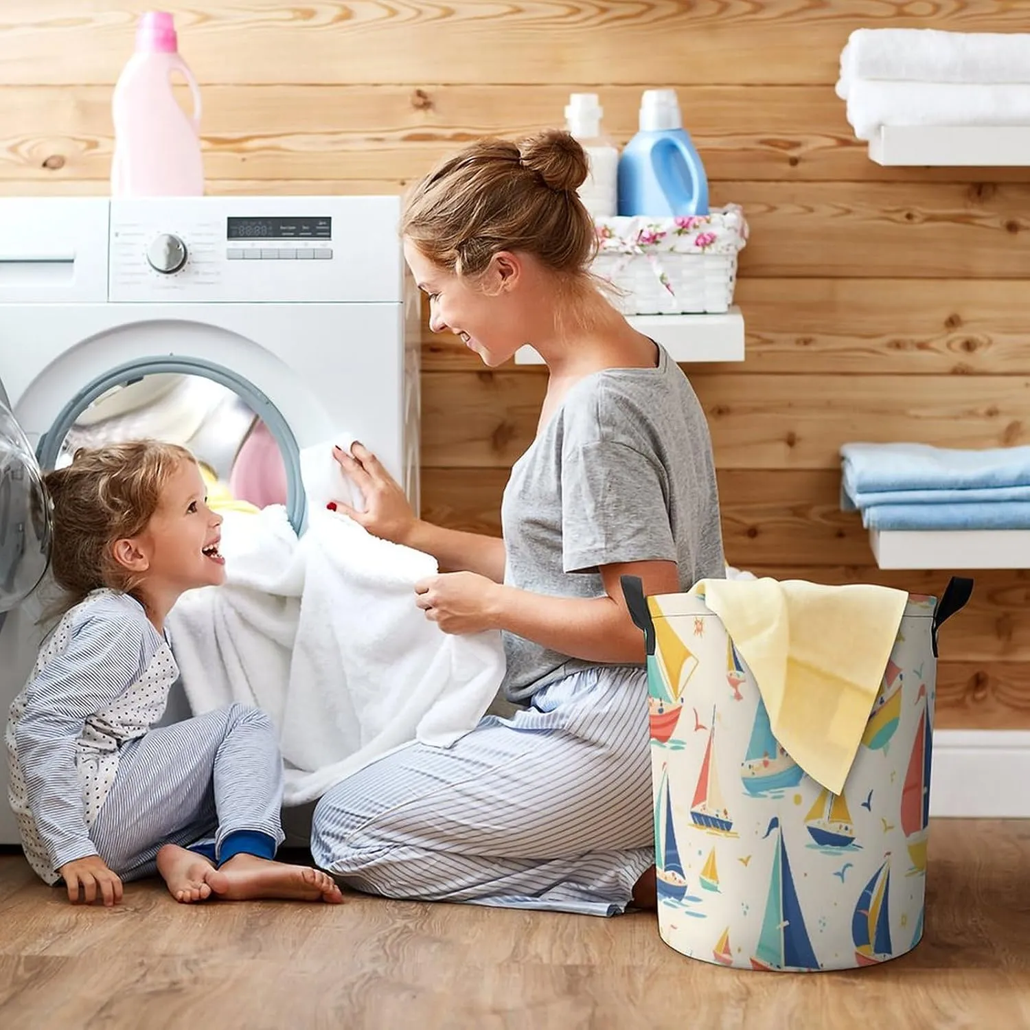 Laundry Hampers, Large Drawstring Laundry Bag, Removable Laundry Bags, Collapsible Storage Bin with Handles for Home Organization, Kids Room, Nursery Watercraft