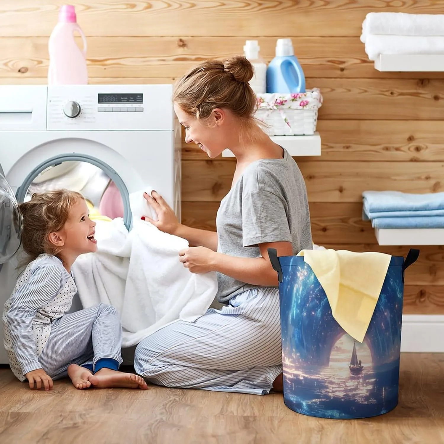 Laundry Hampers, Large Drawstring Laundry Bag, Removable Laundry Bags, Collapsible Storage Bin with Handles for Home Organization, Kids Room, Nursery Watercraft