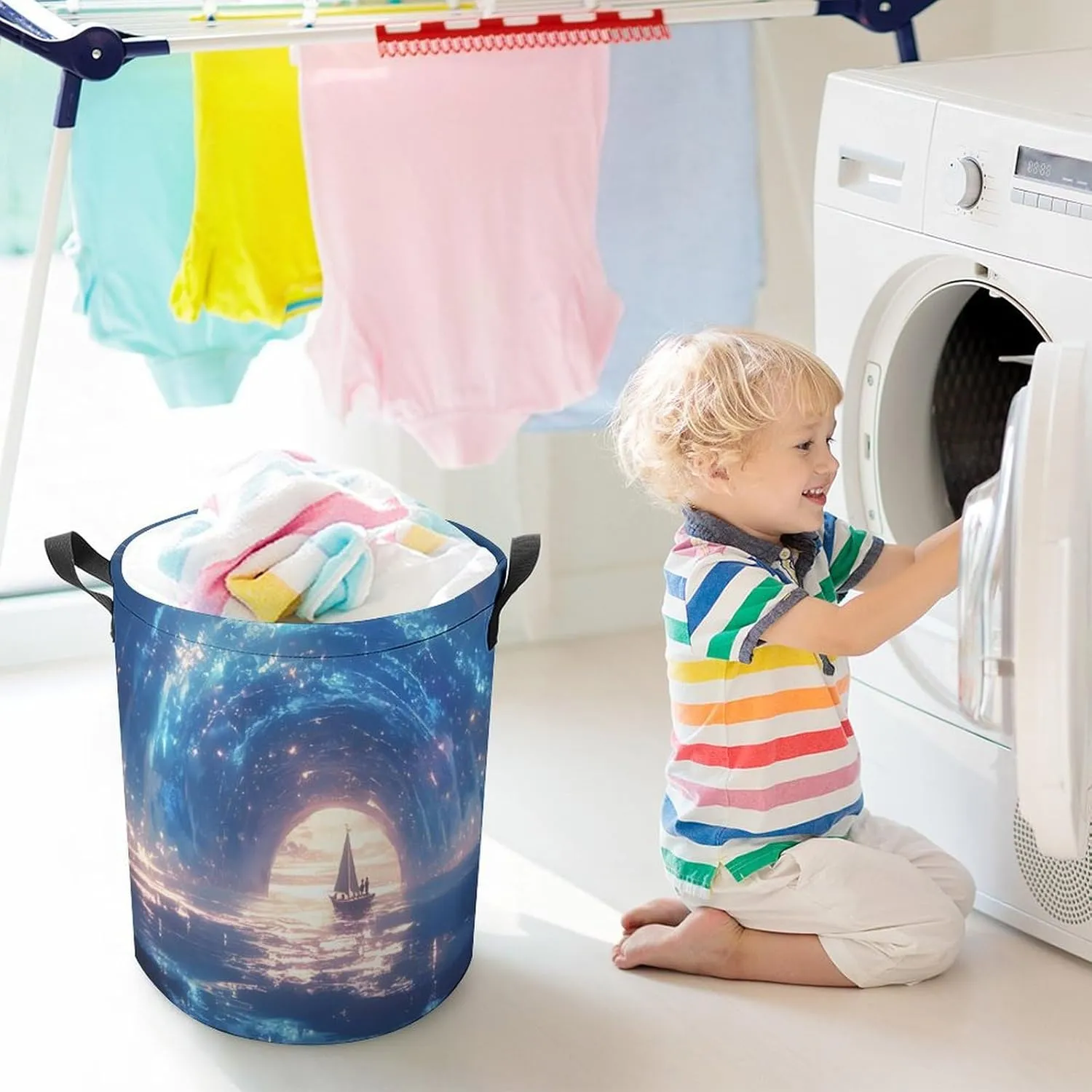 Laundry Hampers, Large Drawstring Laundry Bag, Removable Laundry Bags, Collapsible Storage Bin with Handles for Home Organization, Kids Room, Nursery Watercraft