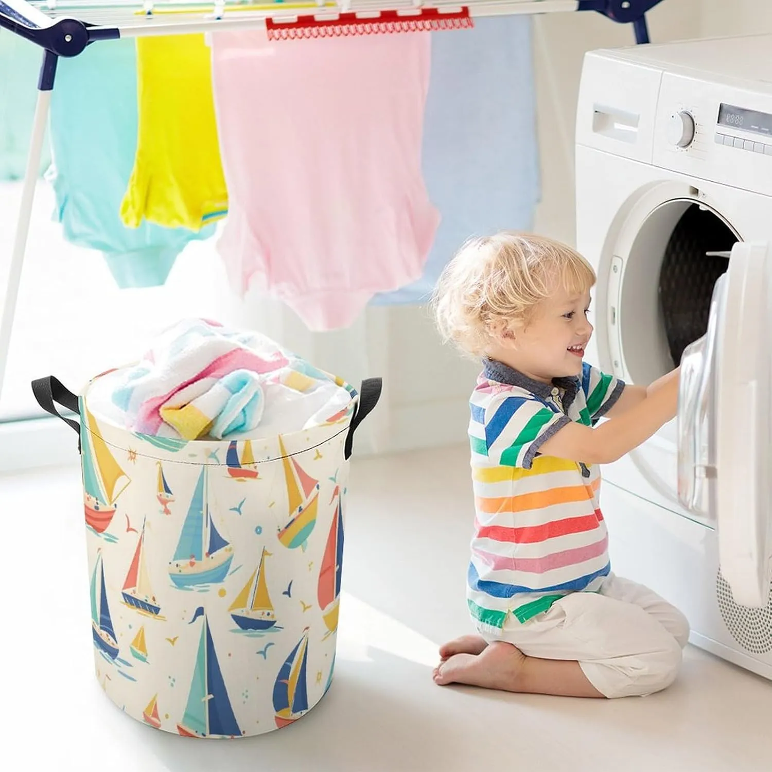 Laundry Hampers, Large Drawstring Laundry Bag, Removable Laundry Bags, Collapsible Storage Bin with Handles for Home Organization, Kids Room, Nursery Watercraft