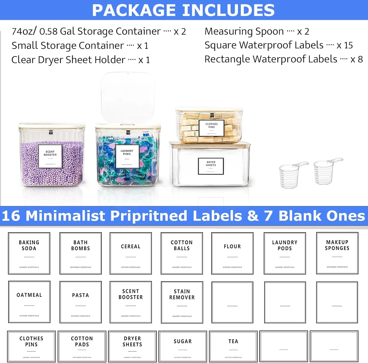 Laundry Pods Container for Laundry Room Organization, Laundry Pod Up Holder with Labels and Scoops, Laundry Detergent Powder Container, Dryer Sheet Holder