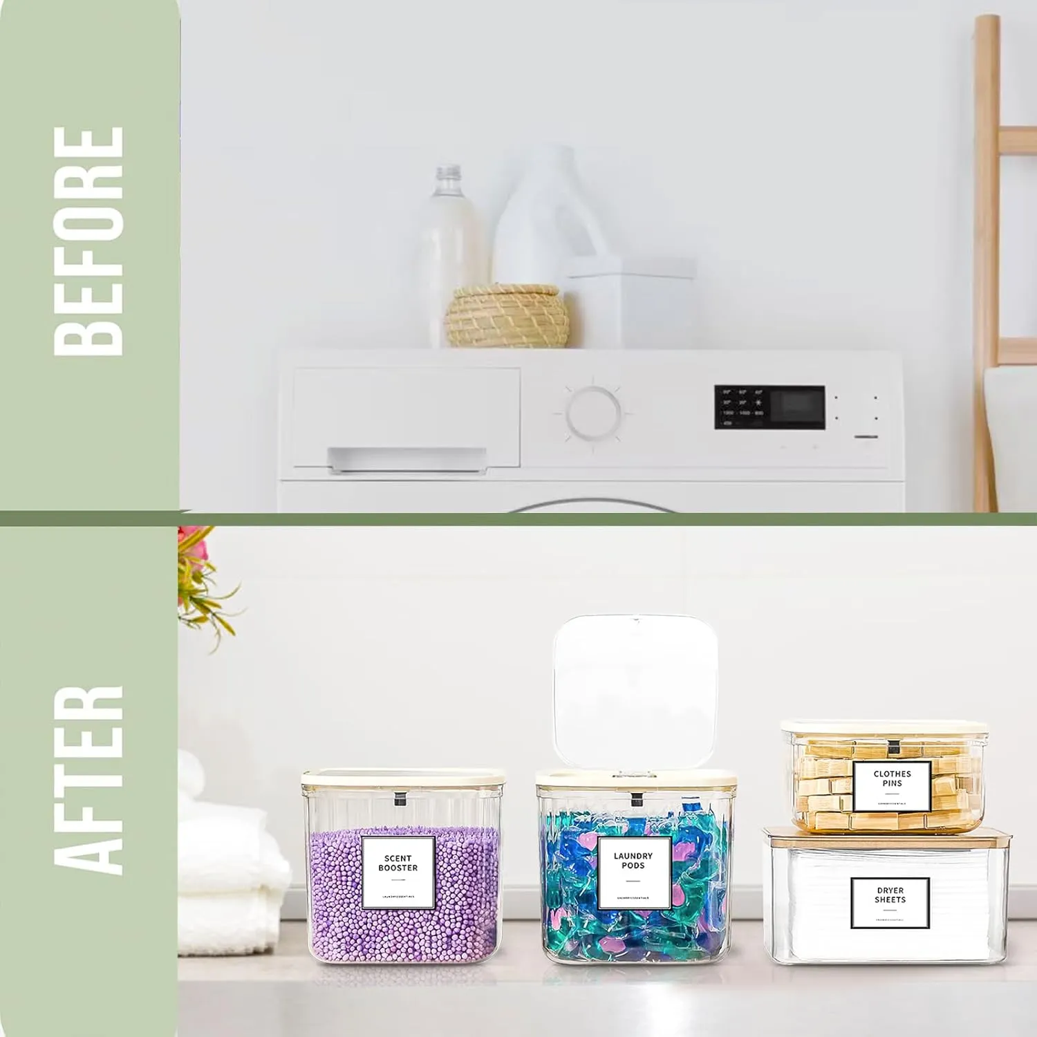 Laundry Pods Container for Laundry Room Organization, Laundry Pod Up Holder with Labels and Scoops, Laundry Detergent Powder Container, Dryer Sheet Holder