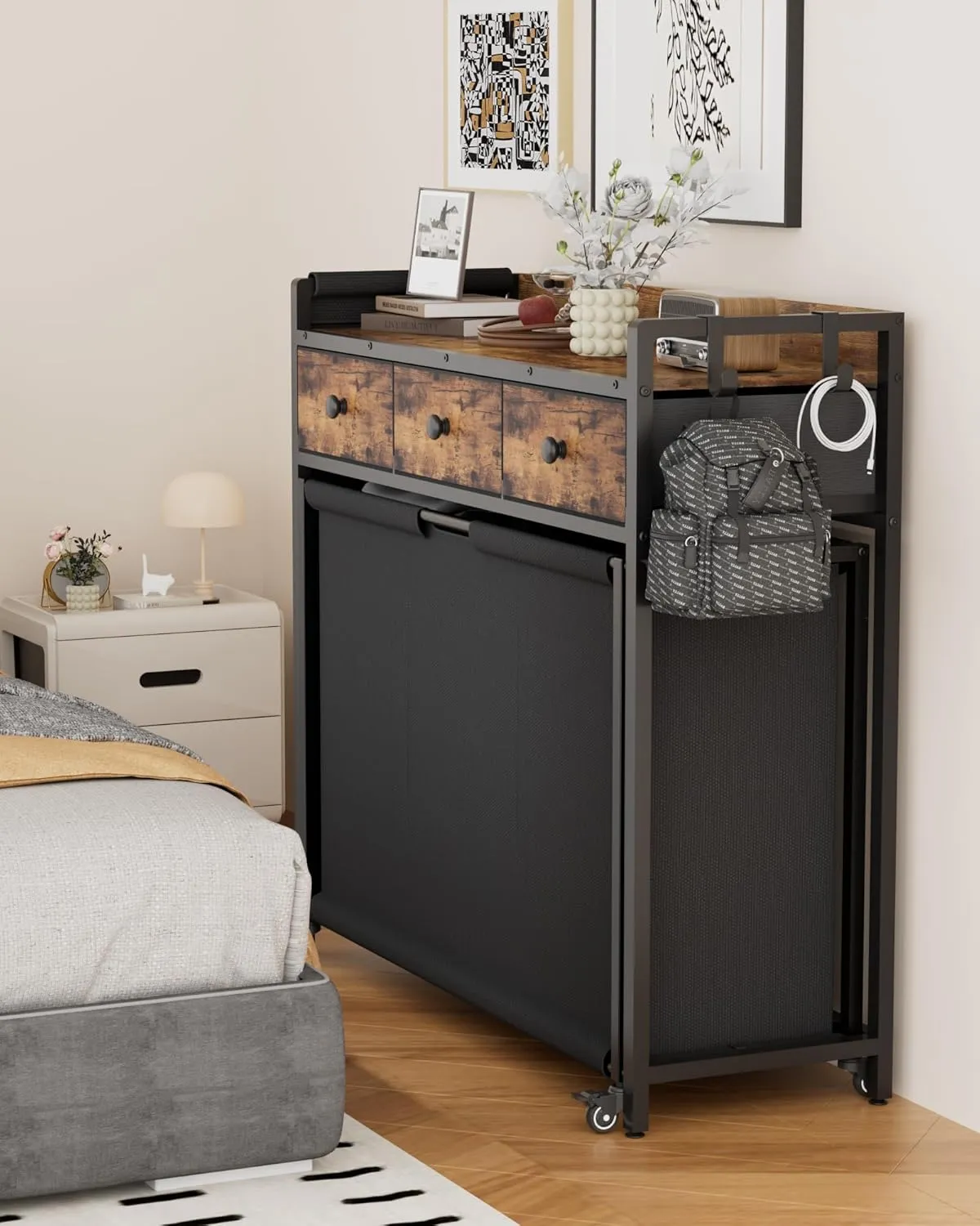 Laundry Sorter 3 Section: Laundry Hamper Basket with Shelf and Wheels - Rolling Laundry Basket Organizer with Drawers and Pull-Out Cart - Clothes Hamper for Laundry Room Bathroom Bedroom