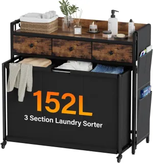 Laundry Sorter 3 Section: Laundry Hamper Basket with Shelf and Wheels - Rolling Laundry Basket Organizer with Drawers and Pull-Out Cart - Clothes Hamper for Laundry Room Bathroom Bedroom