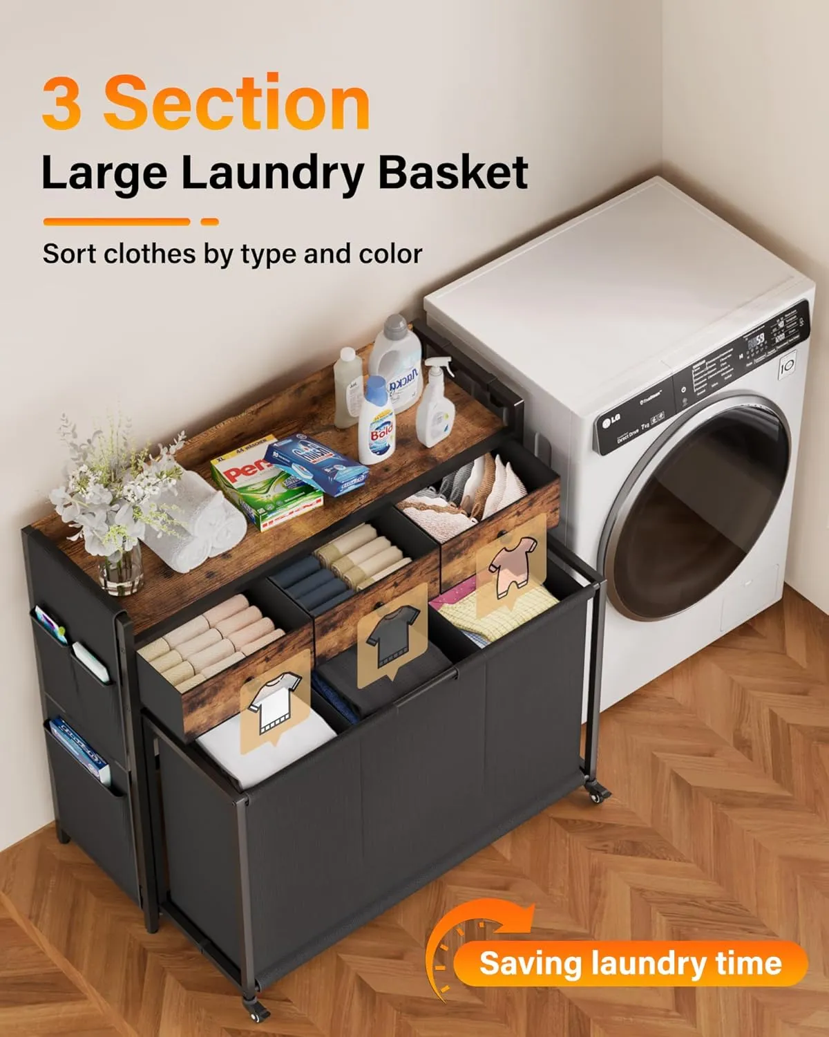 Laundry Sorter 3 Section: Laundry Hamper Basket with Shelf and Wheels - Rolling Laundry Basket Organizer with Drawers and Pull-Out Cart - Clothes Hamper for Laundry Room Bathroom Bedroom