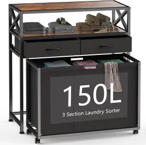 Laundry Sorter, Laundry Hamper with 3 Section Pull-Out Bags, Rolling Laundry Basket Organizer with Drawers and shelves, Large Laundry Cart with Wheels for Laundry Room Organization, Bathroom, Bedroom