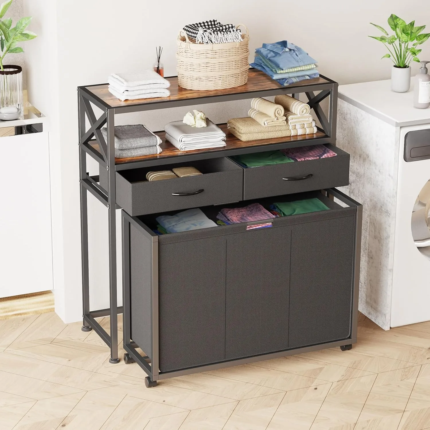 Laundry Sorter, Laundry Hamper with 3 Section Pull-Out Bags, Rolling Laundry Basket Organizer with Drawers and shelves, Large Laundry Cart with Wheels for Laundry Room Organization, Bathroom, Bedroom