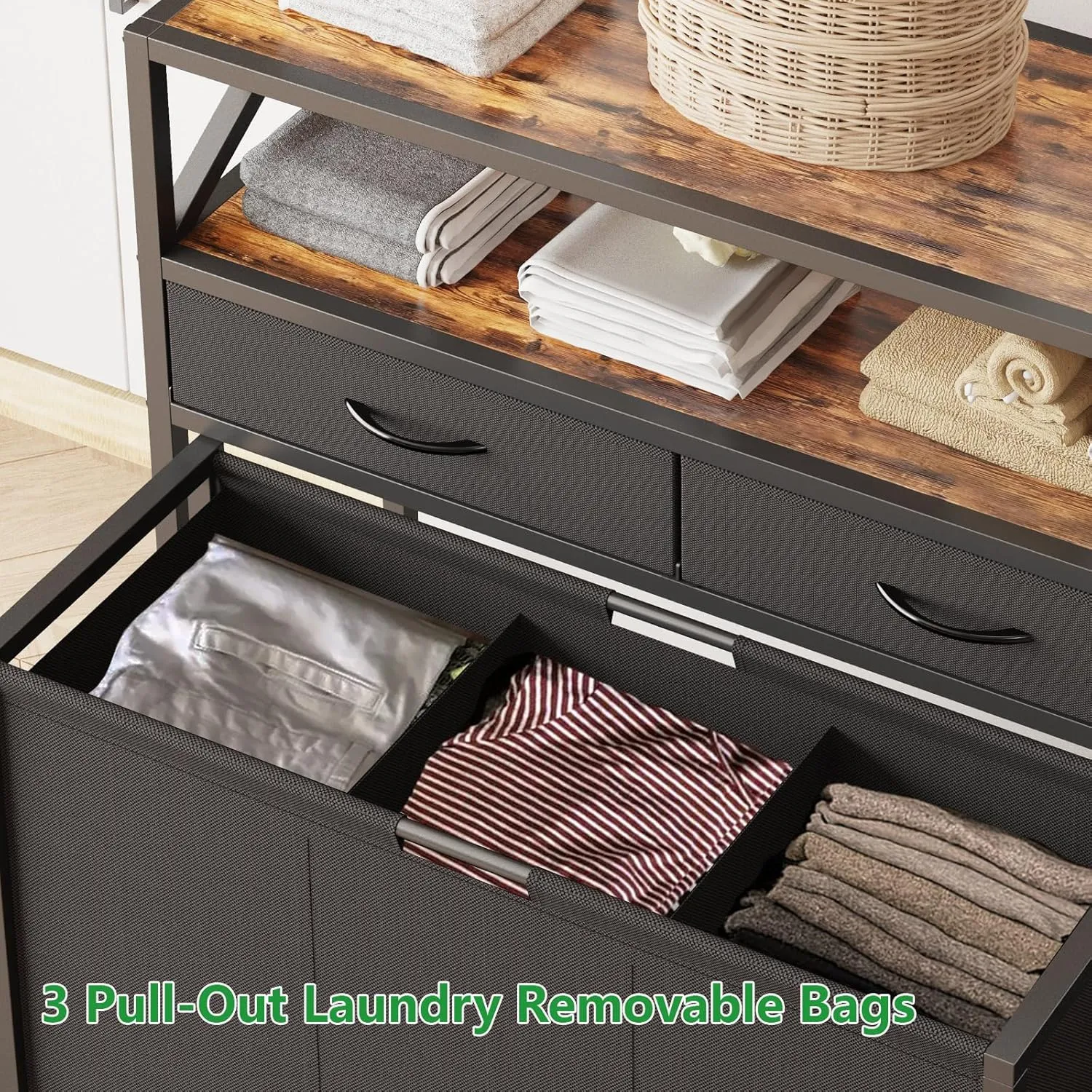 Laundry Sorter, Laundry Hamper with 3 Section Pull-Out Bags, Rolling Laundry Basket Organizer with Drawers and shelves, Large Laundry Cart with Wheels for Laundry Room Organization, Bathroom, Bedroom