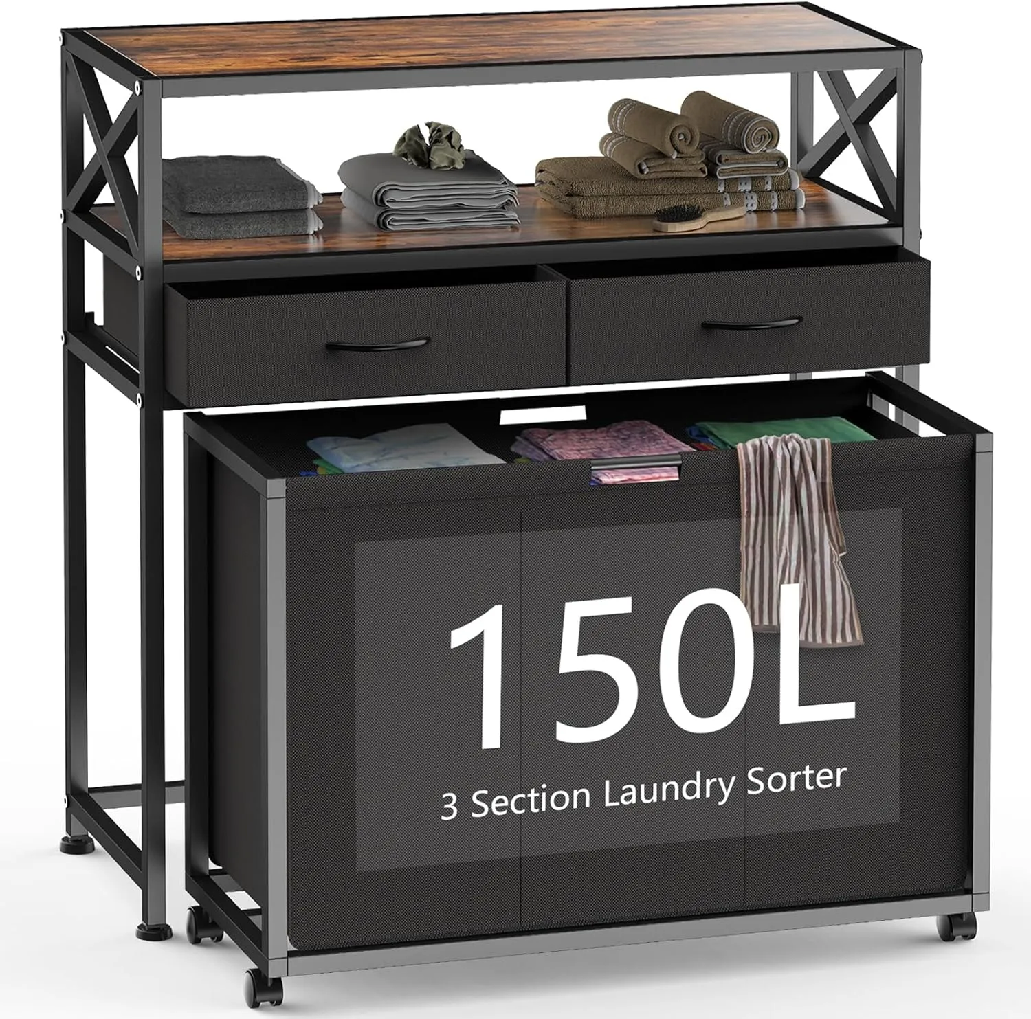 Laundry Sorter, Laundry Hamper with 3 Section Pull-Out Bags, Rolling Laundry Basket Organizer with Drawers and shelves, Large Laundry Cart with Wheels for Laundry Room Organization, Bathroom, Bedroom