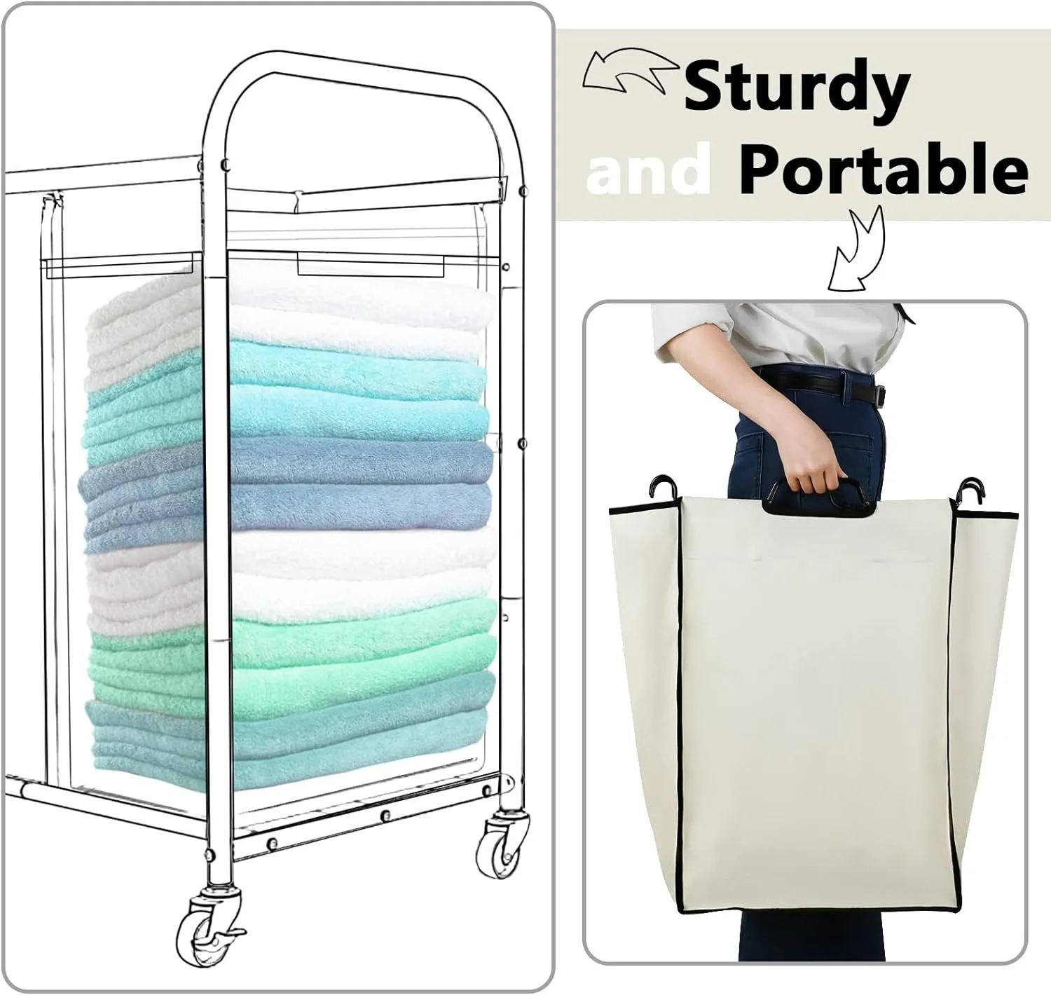 Laundry Sorter Replacement Bags Hamper Cart Removable Replacement Laundry Storage Organizer Bag Hamper Liner, No Hooks 14.76 x 8.66 x 21.65 Inch(Beige,3 Pcs)