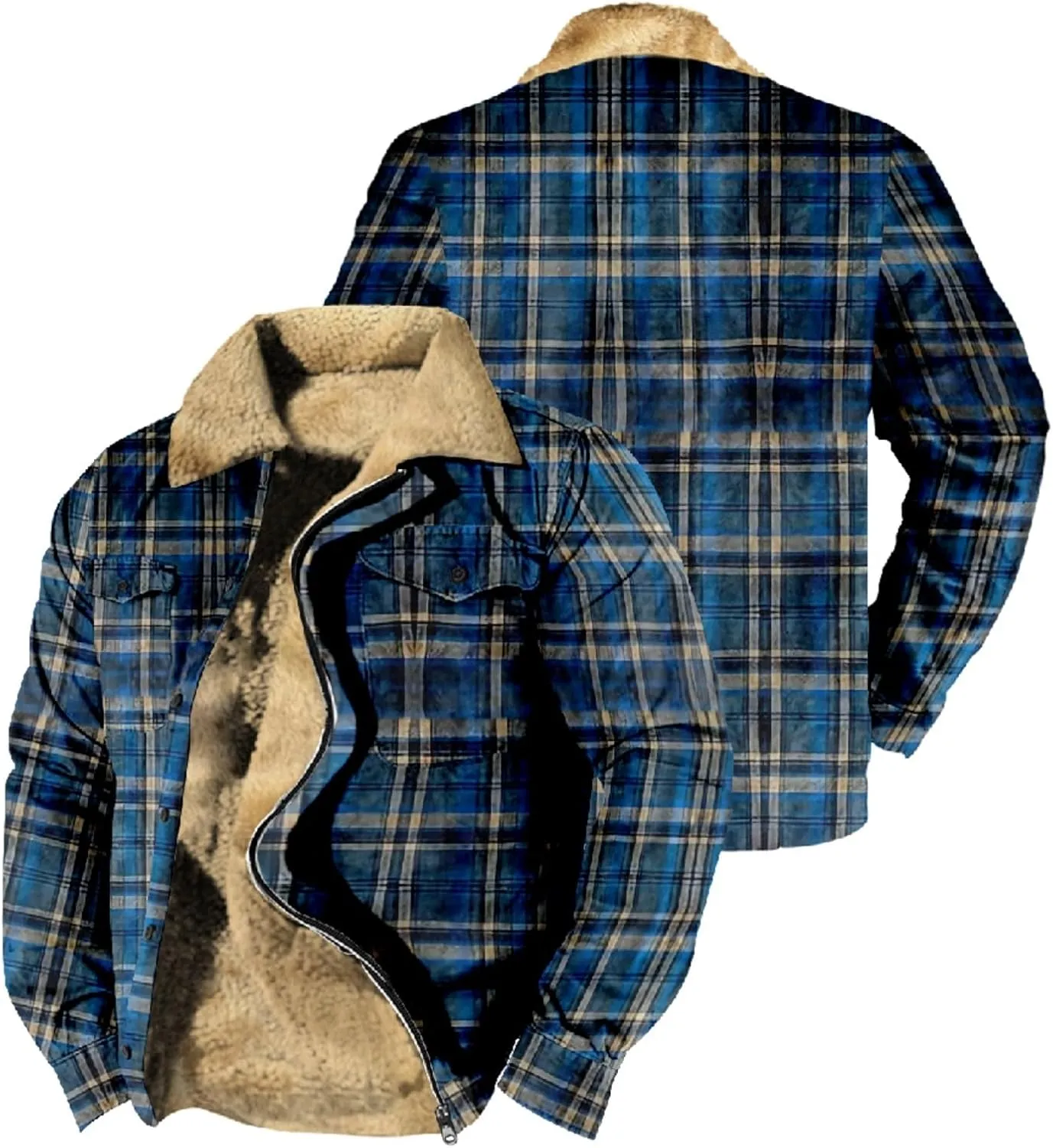 LCMTWX Fleece Plaid Flannel Jacket Pocket Hooded Padded Loose Shirt Top Jacket Coats Shirt Plaid Cotton Hoodies Men Plus