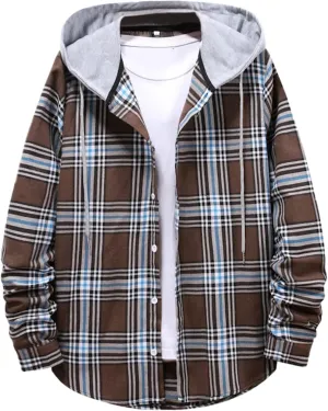 LCMTWX Men's Fleece Flannel Jackets Hooded Collar Long Sleeve Shirt Blouse Long Sleeve Button Up Fleece Plaid Shirts Coat