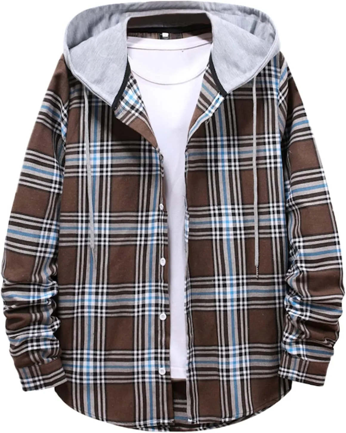 LCMTWX Men's Fleece Flannel Jackets Hooded Collar Long Sleeve Shirt Blouse Long Sleeve Button Up Fleece Plaid Shirts Coat