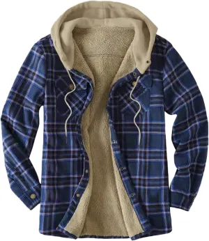 LCMTWX Men's Hooded Shirt Jacket Plaid Pocket Hooded Loose Coat Plus Velvet Shirt Top Casual Long Sleeve Lined Hooded Plaid
