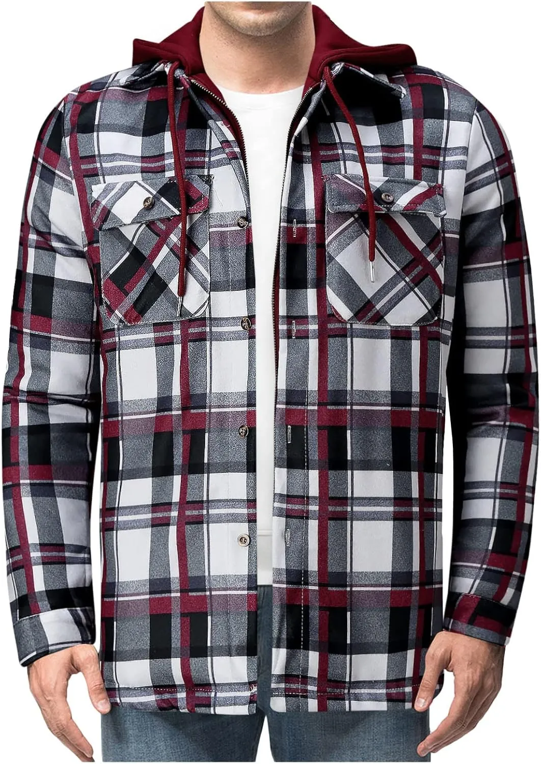 LCMTWX Mens Plaid Flannel Jacket Lapel Pocket Hooded Padded Loose Shirt Top Jacket Men Plus Size Big&Tall Mens Coat Soft