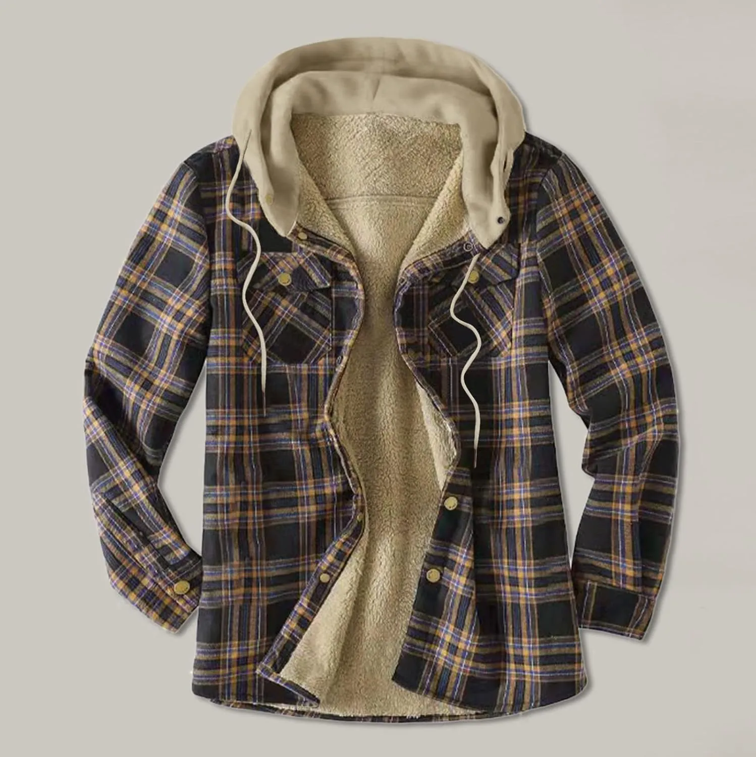 LCMTWX Mens Plaid Flannel Jacket Plaid Print Hooded Zipper Pocket Long Sleeve Shirt Long Sleeve Button Up Fleece Plaid