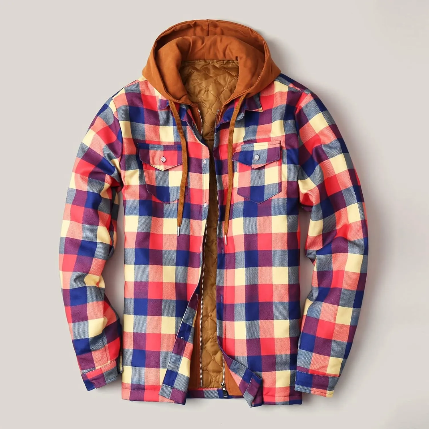 LCMTWX Mens Plaid Flannel Jacket Plaid Print Hooded Zipper Pocket Long Sleeve Shirt Long Sleeve Button Up Fleece Plaid