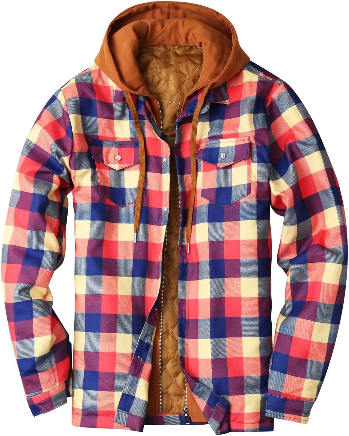 LCMTWX Mens Plaid Flannel Jacket Plaid Print Hooded Zipper Pocket Long Sleeve Shirt Long Sleeve Button Up Fleece Plaid