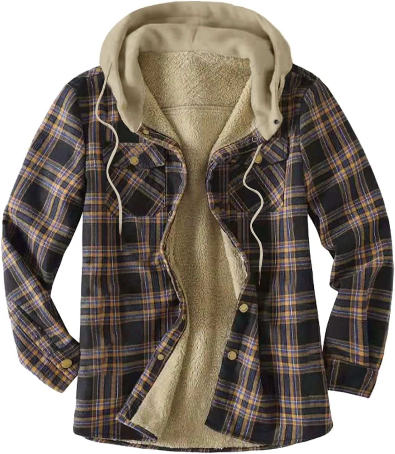 LCMTWX Mens Plaid Flannel Jacket Plaid Print Hooded Zipper Pocket Long Sleeve Shirt Long Sleeve Button Up Fleece Plaid