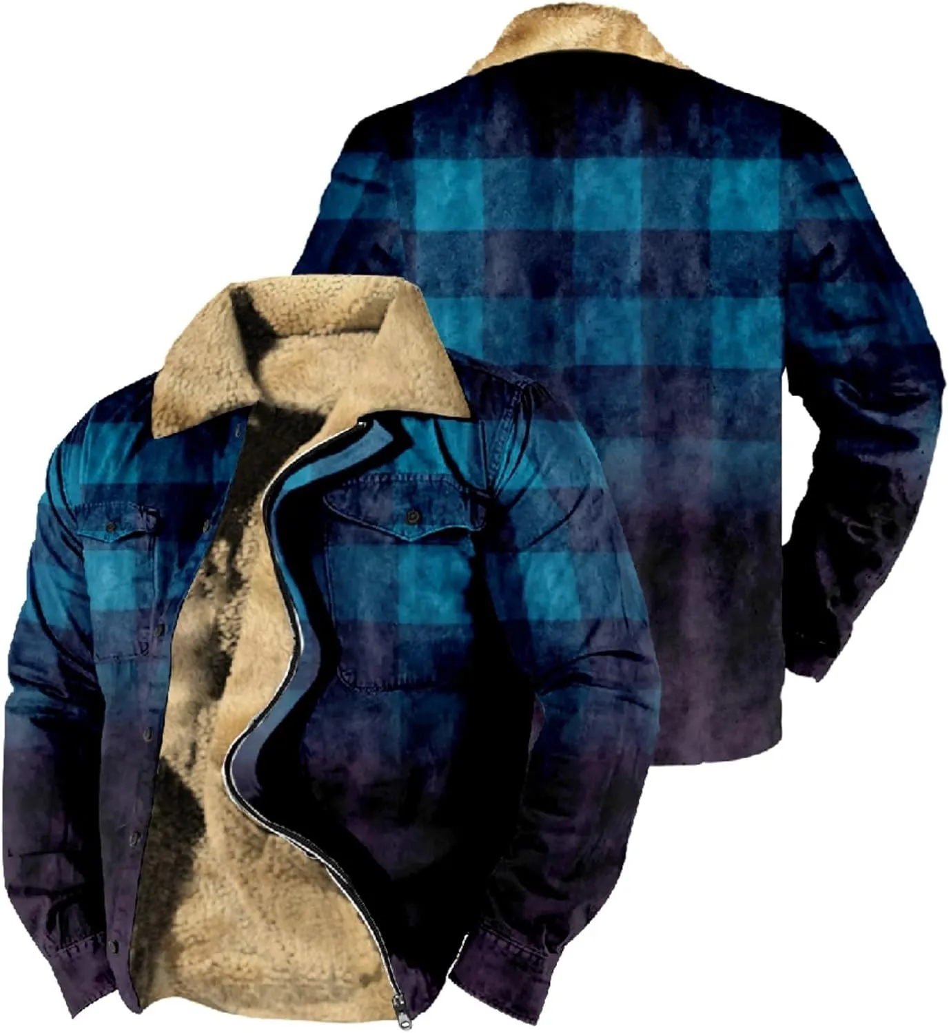 LCMTWX Men's Plaid Hooded Shirts Pocket Hooded Padded Loose Shirt Top Jacket Coats Casual Loose Thicken Quilted Sherpa
